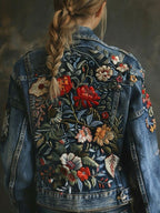 Women's Vintage Plant Flower Embroidery Print Denim Jacket