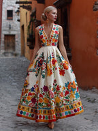Mexican Flowers Embroidered V Neck Flowy Linen Maxi Dress