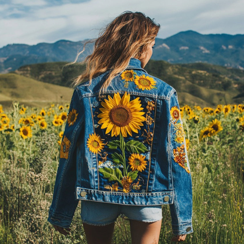 Vintage Ukrainian Sunflowers Embroidered Patchwork Washed Denim Jacket