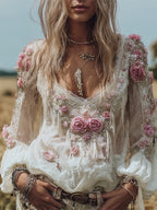 Bohemian Style Wild Rose Long-sleeved Casual Top