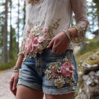 Women's Bohemian Style Three-dimensional Pink Flower Design Denim Shorts