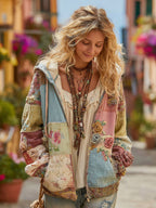 Women's Bohemian Floral Patchwork Cozy Warm Zipper Hoodie
