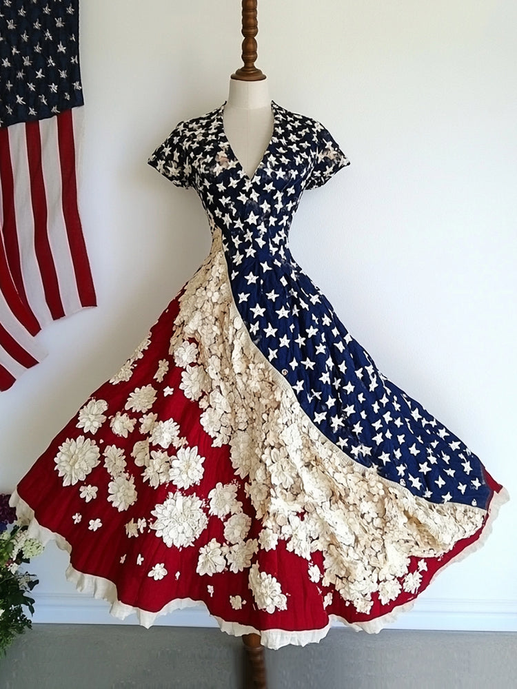 Women's Vintage Independence Day Floral Colorblock Short Sleeve Dress