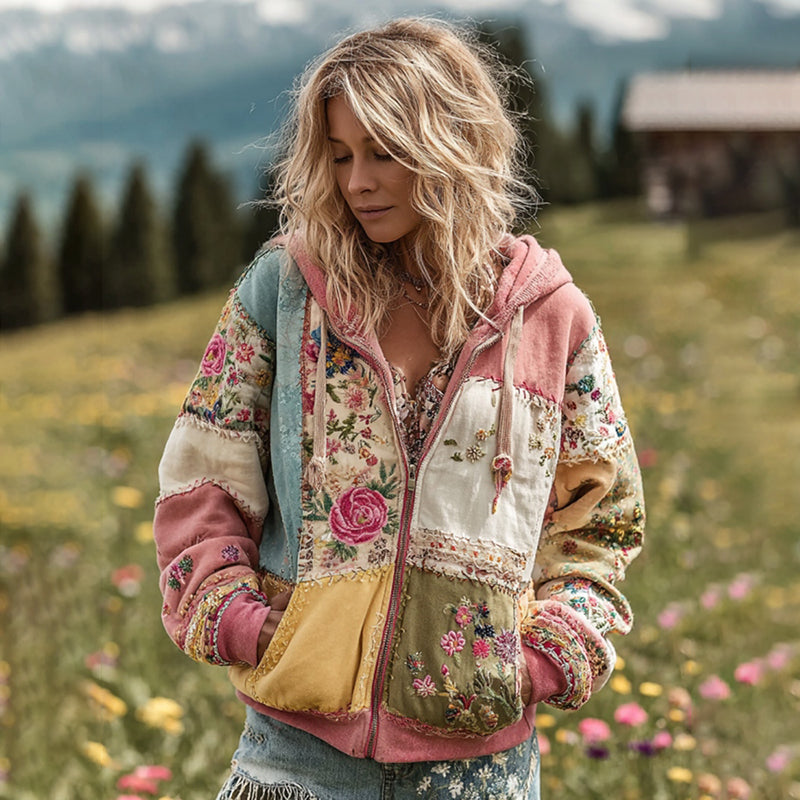 Women's Vintage Floral Patchwork Cozy Warm Zipper Hoodie
